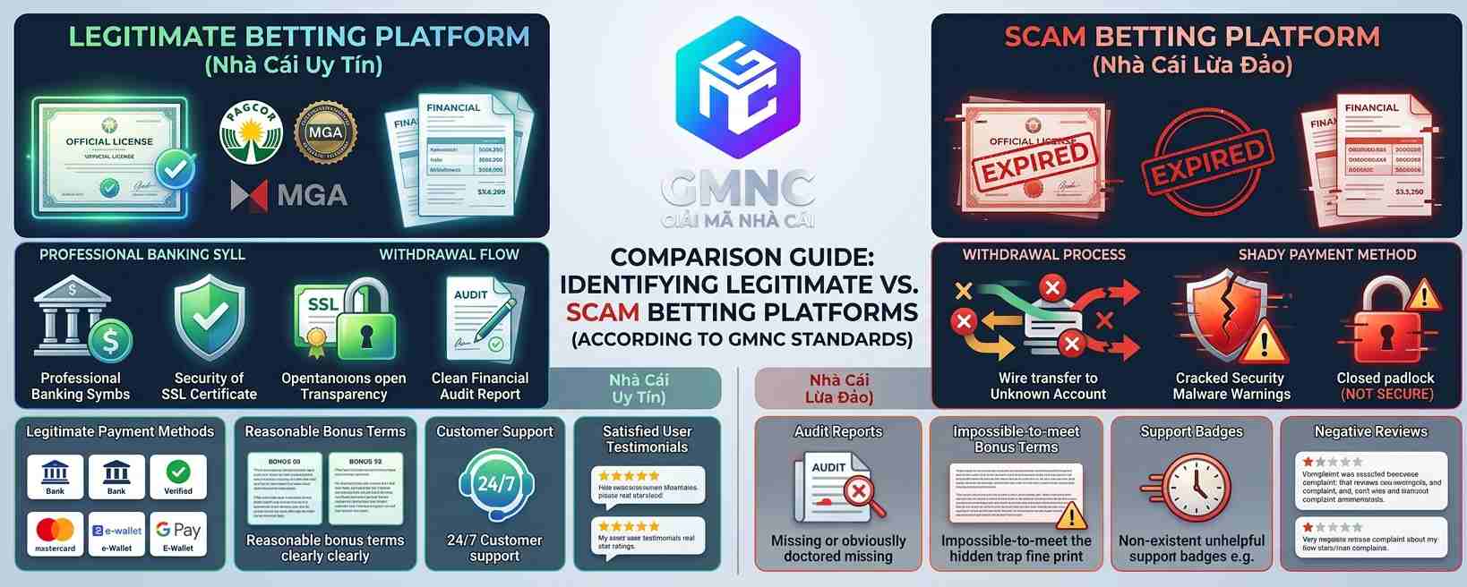 So sánh nhà cái thật vs nhà cái scam theo tiêu chí của GMNC